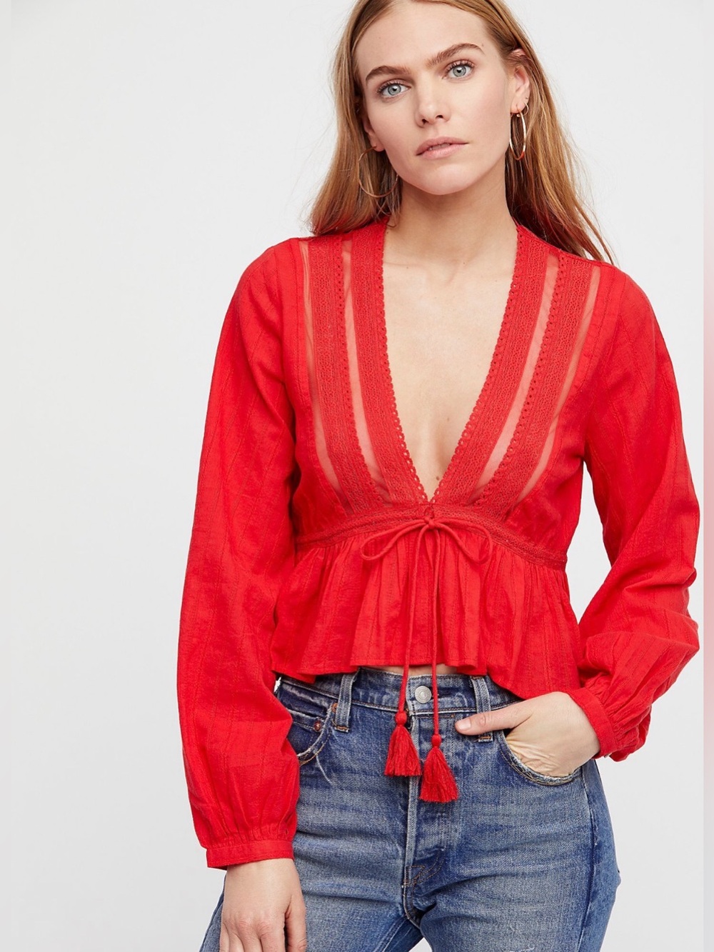 Free People Red Oberoi Lace Mesh V Neck Tie Waist 100% Cotton Blouse Size Large